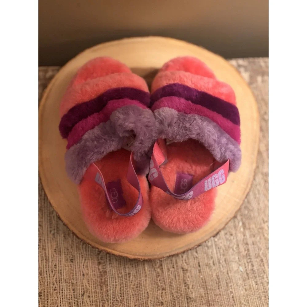 Ugg Fluff Yeah Sheepskin Slides‎ Pink/ Purple/ Rainbow  Kids Sz 3